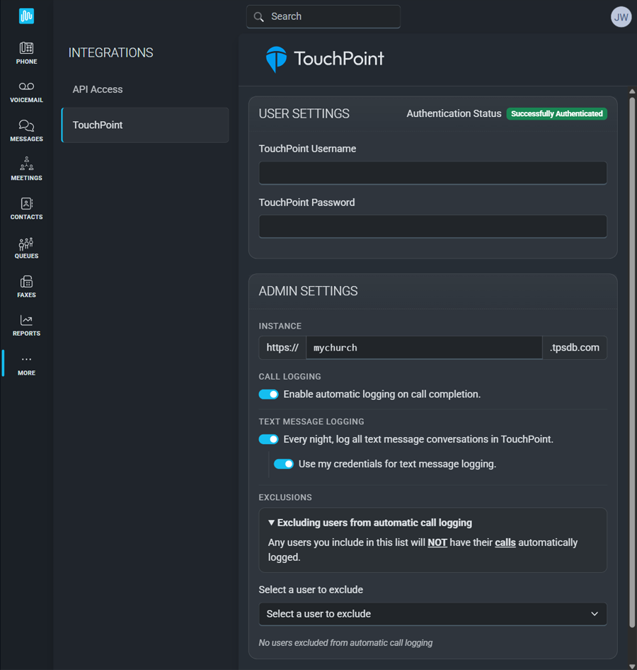 TouchPoint setup screen in the Intulse App