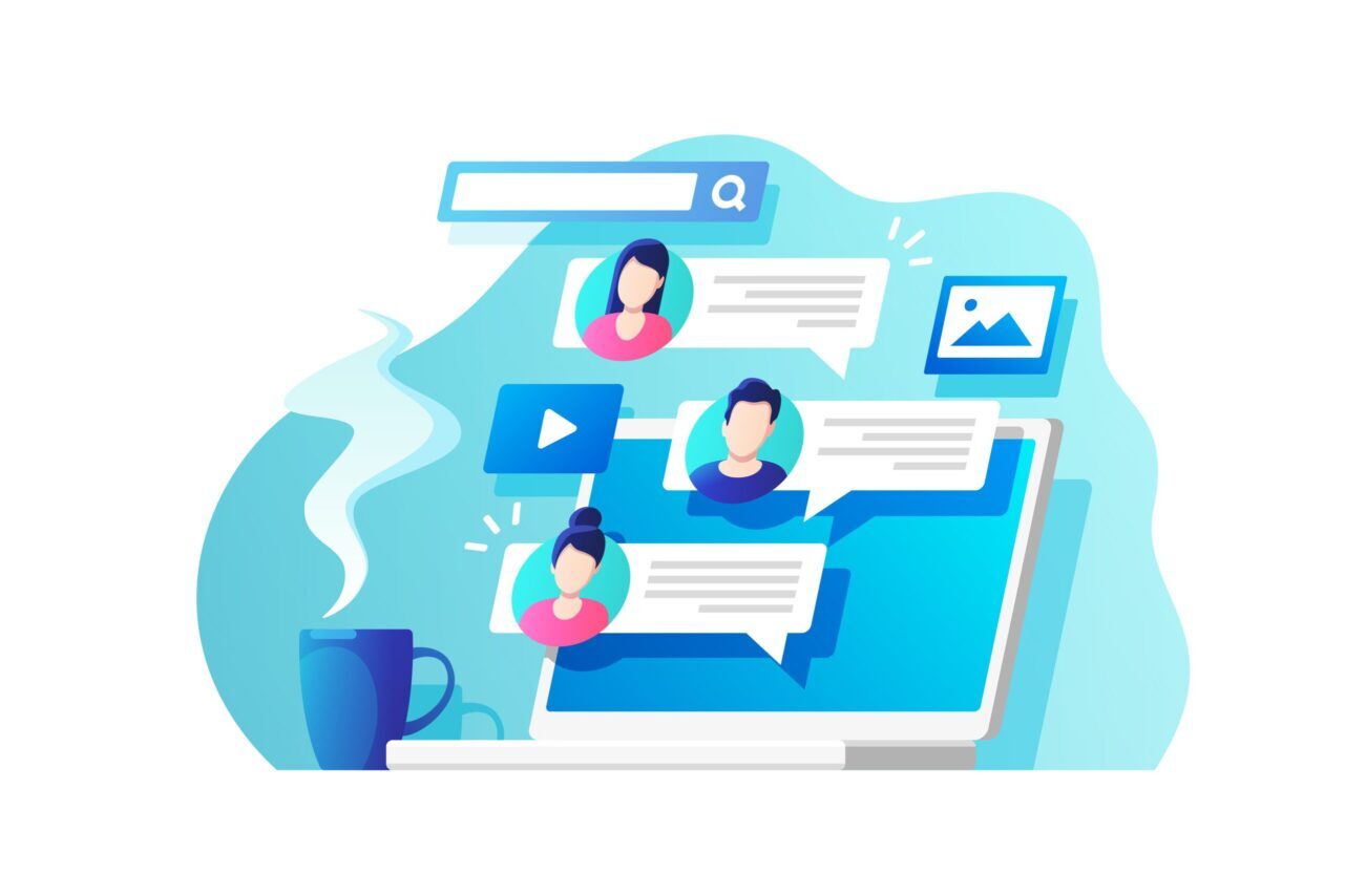 A graphic of people communicating using different forms of unified communication as a service.